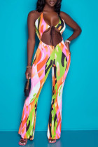 Colour Fashion Sexy Print Hollowed Out Backless Halter Regular Jumpsuits