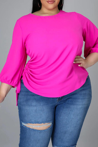 Rose Red Fashion Casual Solid Basic O Neck Plus Size Tops