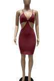 Burgundy Sexy Solid Bandage Patchwork Spaghetti Strap Pencil Skirt Dresses