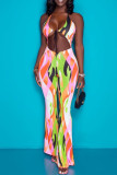 Colour Fashion Sexy Print Hollowed Out Backless Halter Regular Jumpsuits