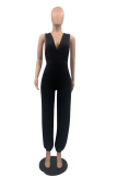 Black Sexy Solid Patchwork V Neck Harlan Jumpsuits