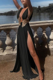 Schwarzes, elegantes, einfarbiges, rückenfreies Patchwork-Abendkleid mit V-Ausschnitt und Spitze