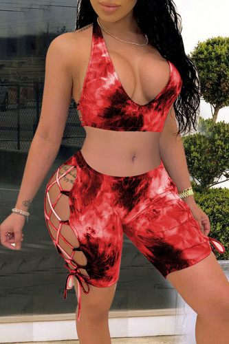 Red Sexy Print Hollowed Out Split Joint Frenulum Halter Sleeveless Two Pieces Swimwear