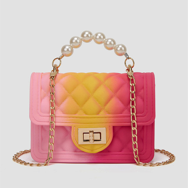 Bolso bandolera de perlas con cadenas de cambio gradual informal de moda rosa y amarillo