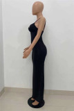 パープル ファッション セクシー ソリッド バックレス スリット V ネック スリング ドレス