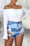 Baby Blue Fashion Casual Patchwork Mid Waist Straight Hot Pant Distressed Ripped Jeans