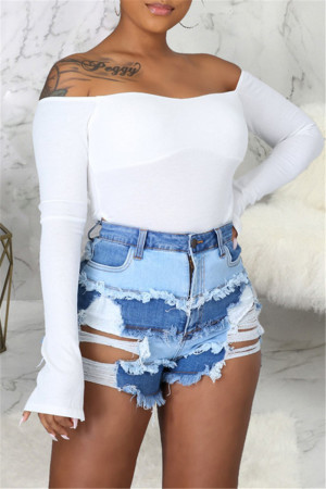 Multicolor Fashion Casual Patchwork Mid Waist Straight Hot Pant Distressed Ripped Jeans