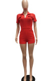 Red Casual Solid Patchwork Pocket Zipper Turndown Collar Skinny Rompers