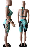 Green Sexy Print Hollowed Out Patchwork Frenulum Halter Sleeveless Two Pieces Swimwear