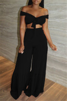 Black Fashion Sexy Solid Backless Off the Shoulder Sleeveless Two Pieces