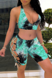 Green Sexy Print Hollowed Out Patchwork Frenulum Halter Sleeveless Two Pieces Swimwear