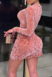 ピンクのセクシーなプリント パッチワーク ジッパー O ネック ペンシル スカート ドレス