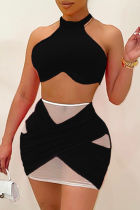 Black Sexy Solid Mesh Halter Sleeveless Two Pieces