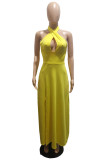 Yellow Fashion Sexy Solid Hollowed Out Backless Halter Sleeveless Dress