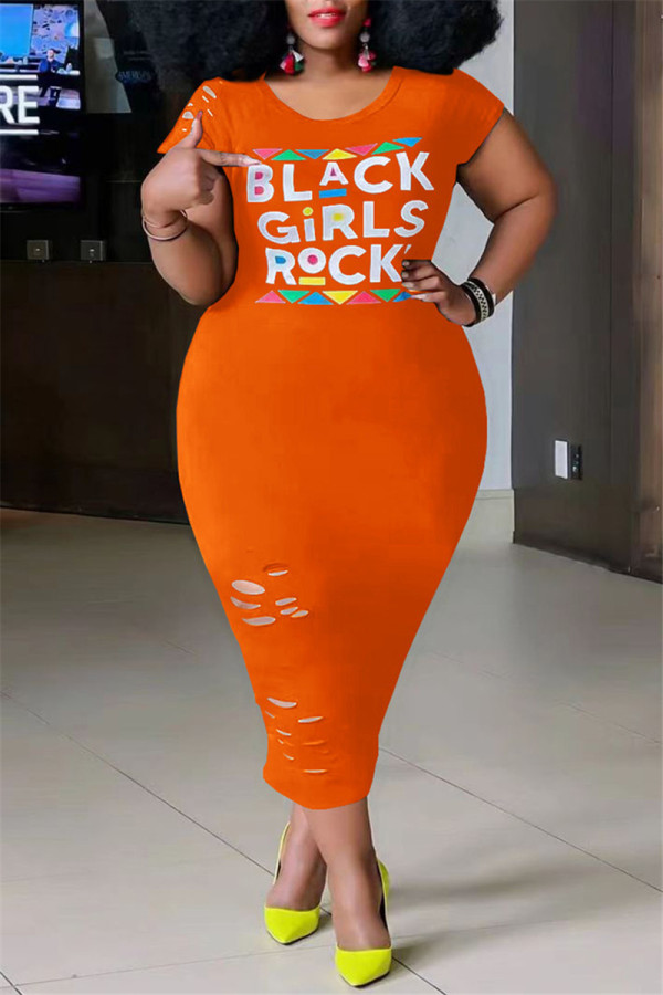 Orange Fashion Casual Plus Size Letter Print Zerrissenes Kurzarmkleid mit O-Ausschnitt