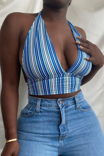 Blue Fashion Sexy Striped Print Bandage Backless Halter Tops