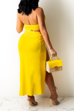 Желтое сексуальное сплошное выдолбленное платье с лямкой на шее Нерегулярное платье Платья