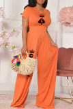 オレンジファッションカジュアルプリントベーシックOネック半袖ツーピース