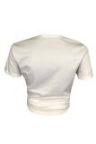 ローズレッドファッションカジュアルアイズプリントベーシックOネックTシャツ