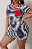 Red Fashion Casual Adulto Ma'am O Neck Listrado Patchwork Stripe Plus Size