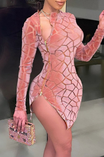 Pink Sexy Print Patchwork Zipper O Neck Pencil Skirt Dresses