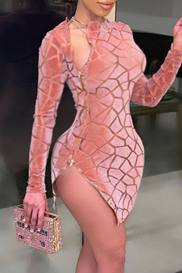 ピンクのセクシーなプリント パッチワーク ジッパー O ネック ペンシル スカート ドレス
