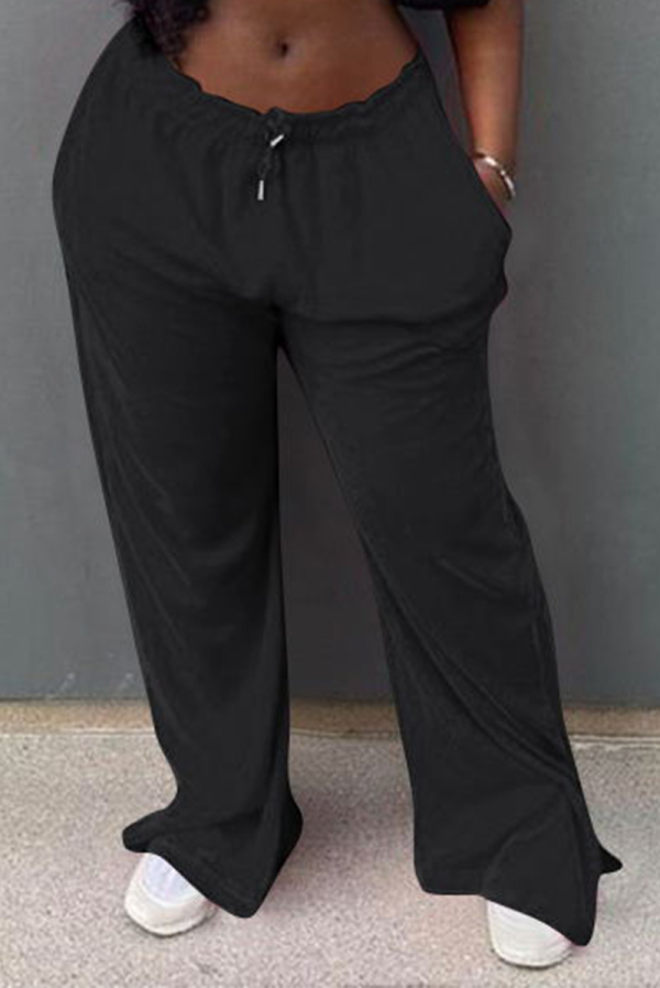 Schwarze, lässige, einfarbige, einfarbige Hose mit geradem Patchwork und mittlerer Taille