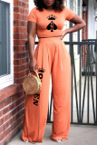 Оранжевый модный повседневный принт с круглым вырезом и коротким рукавом из двух частей