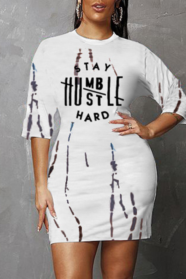 Vit Mode Casual Letter Print Basic O-halsad kortärmad klänning