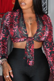 Rose Red Sexy Casual Print Bandage V Neck Tops
