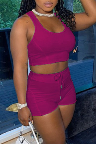 Rose Red Casual Sportswear Solid Vests U Neck Sleeveless Two Pieces