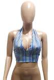 Blue Fashion Sexy Striped Print Bandage Backless Halter Tops