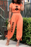オレンジファッションカジュアルプリントベーシックOネック半袖ツーピース