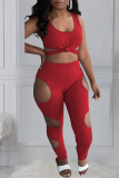 Red Sexy Hollowed Out U Neck Sleeveless Two Pieces