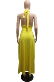 Yellow Fashion Sexy Solid Hollowed Out Backless Halter Sleeveless Dress