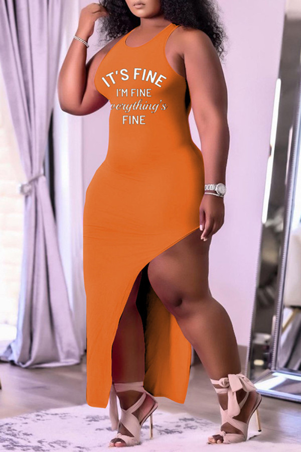 Vestido laranja fashion sexy plus size com estampa O decote