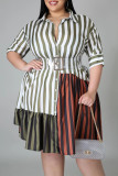 Pink Fashion Plus Size Striped Print Patchwork Turndown Collar Shirt Dress (Without Belt)