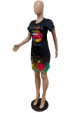 Многоцветное модное повседневное платье с отложным воротником и короткими рукавами с принтом