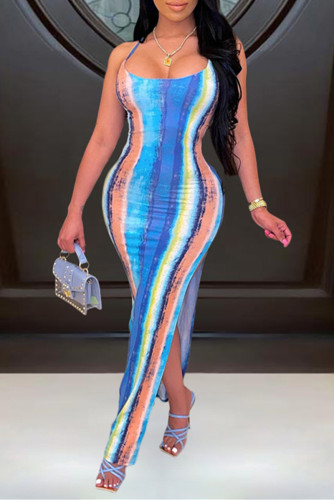 Light Blue Fashion Sexy Print Cross Straps Slit Spaghetti Strap Sleeveless Dress