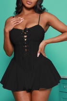 Black Sexy Solid Hollowed Out Draw String Spaghetti Strap Cake Skirt Dresses