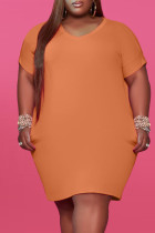 Оранжевое модное повседневное однотонное базовое платье больших размеров с V-образным вырезом и коротким рукавом