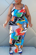Vestidos de talla grande con falda lápiz con cuello en U y patchwork con estampado callejero multicolor
