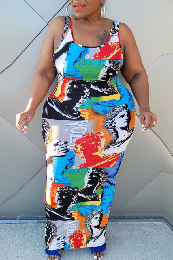 Mehrfarbiges Street-Print-Patchwork-U-Ausschnitt-Bleistiftrock-Kleid in Übergröße