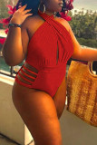 Red Sexy Solid Hollowed Out Patchwork Halter Plus Size Swimwear
