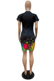 Colour Fashion Casual Print Basic Turndown Collar Short Sleeve Dress