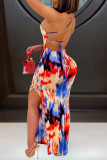 Hellblau Mode Sexy Print Cross Straps Schlitz Spaghettiträger Ärmelloses Kleid