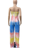 Yellow Street Print Patchwork Strapless Loose Jumpsuits