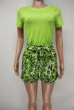 Green Casual Print Patchwork O Neck Short Sleeve Two Pieces
