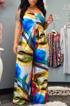 Multicolor Street Print Patchwork Strapless Loose Jumpsuits