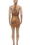 Tangerine Sexy Print Bandage Hollowed Out Patchwork Halter Pencil Skirt Dresses
